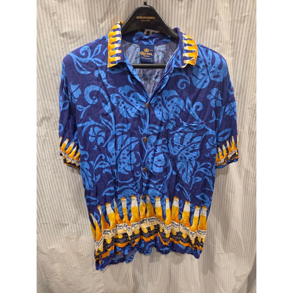 Vintage Corona Extra Beer Hawaiian Shirt XL Blue Tropical Camp Button Up Aloha